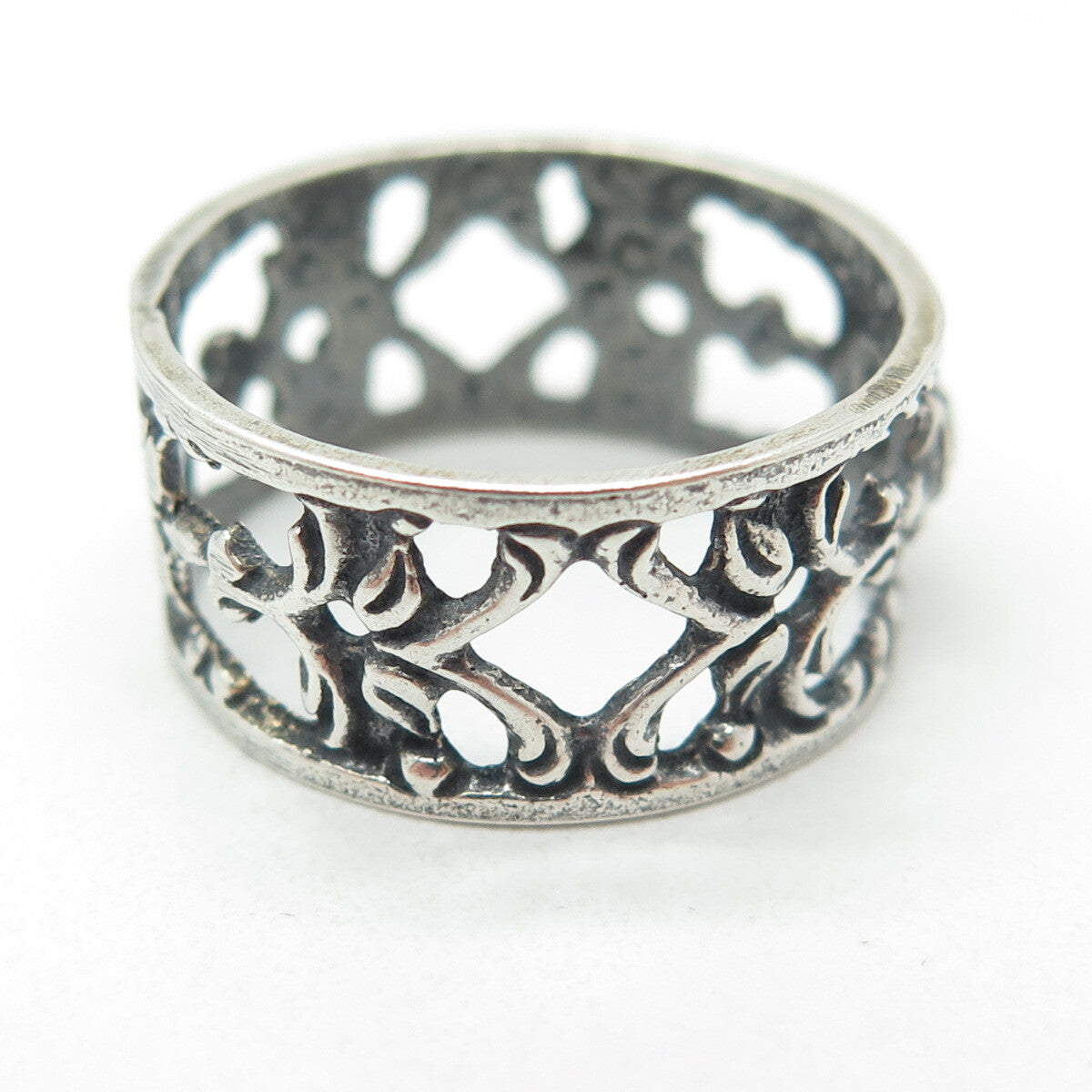 ALBO 835 Silver Vintage Rose Flower Oxidized Band Ring Size 9
