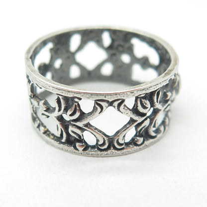 ALBO 835 Silver Vintage Rose Flower Oxidized Band Ring Size 9