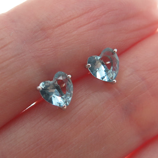 925 Sterling Silver Heart-Cut Blue C Z Stud Earrings