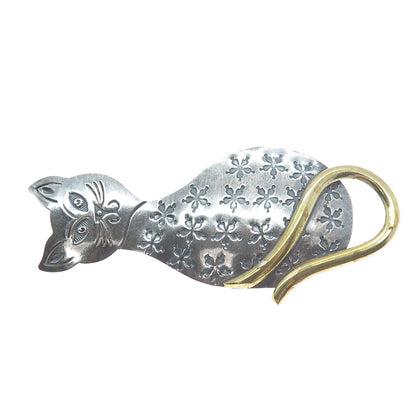 925 Sterling Silver 2-Tone Vintage Mexico Modernist Cat Oxidized Pin Brooch