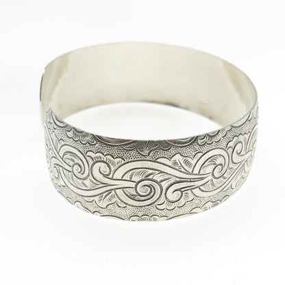 925 Sterling Silver Vintage Engraved Floral Adjustable Cuff Bracelet 6.5"