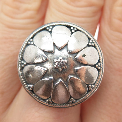 925 Sterling Silver Vintage Modernist Flower Oxidized Adjustable Ring Size 8.75