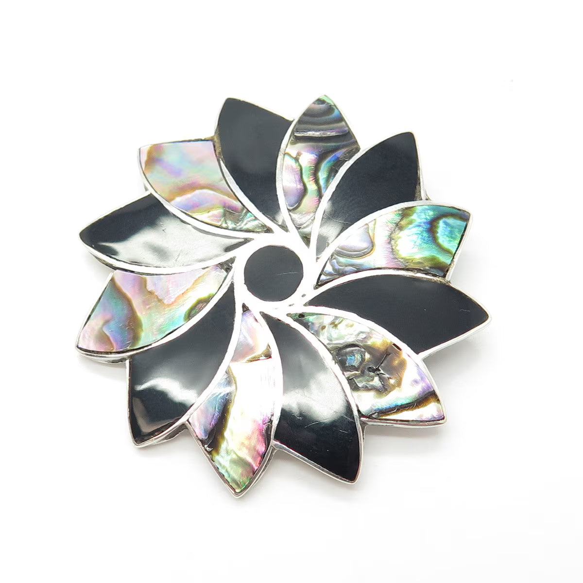 925 Sterling Silver Vintage Mexico Taxco Abalone Shell & Black Onyx Gem Brooch