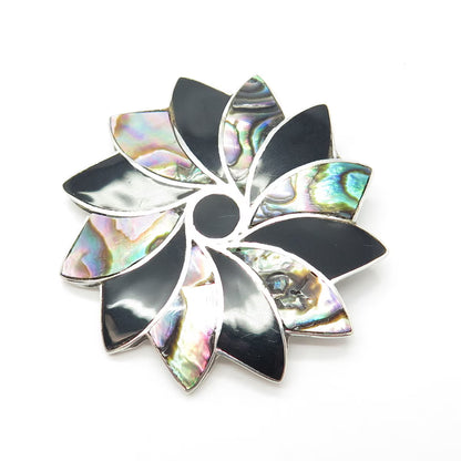 925 Sterling Silver Vintage Mexico Taxco Abalone Shell & Black Onyx Gem Brooch