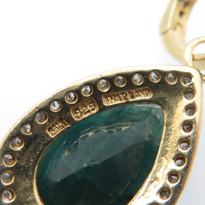 925 Sterling Silver Gold Plated Real Diamond & Emerald Dangle Earrings