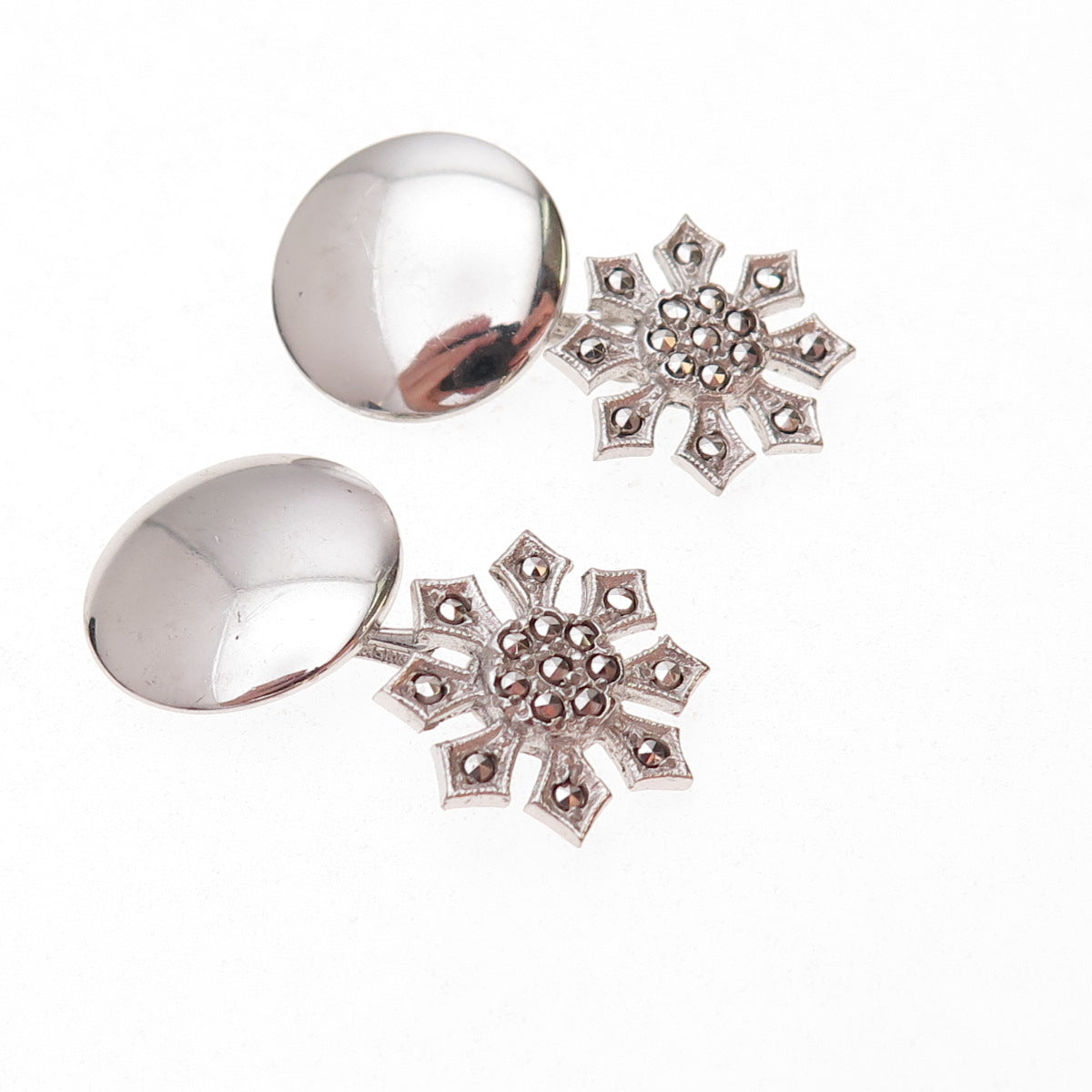 925 Sterling Silver Antique Art Deco Real Marcasite Floral Cufflinks
