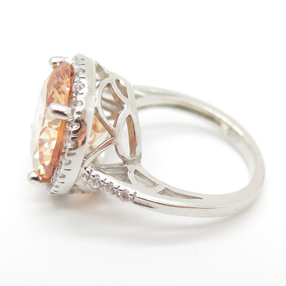 925 Sterling Silver White & Peach Round-Cut Shaped C Z Ring Size 6