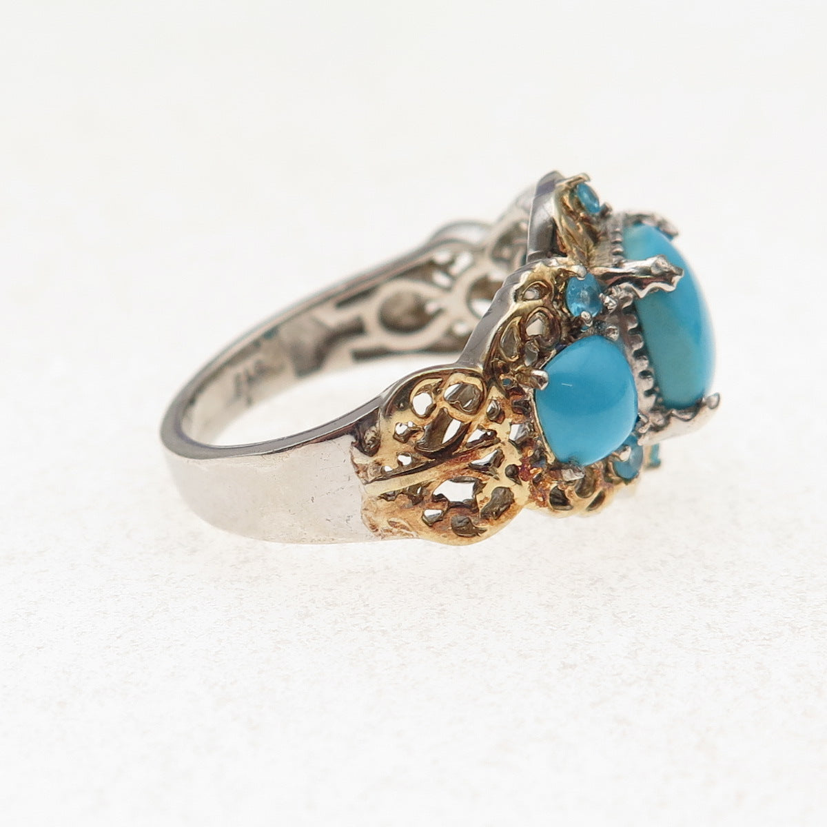 Chuck Clemency 925 Sterling Silver 2-Tone Real Turquoise Apatite Ring Size 8.25