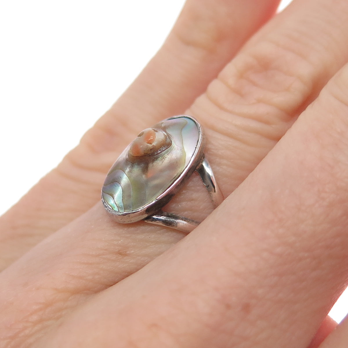 925 Sterling Silver Antique Art Deco Real Blister Pearl Oxidized Ring Size 5.25