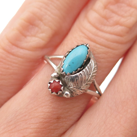 Old Pawn 925 Sterling Silver Vintage Turquoise & Coral Feather Ring Size 5.75