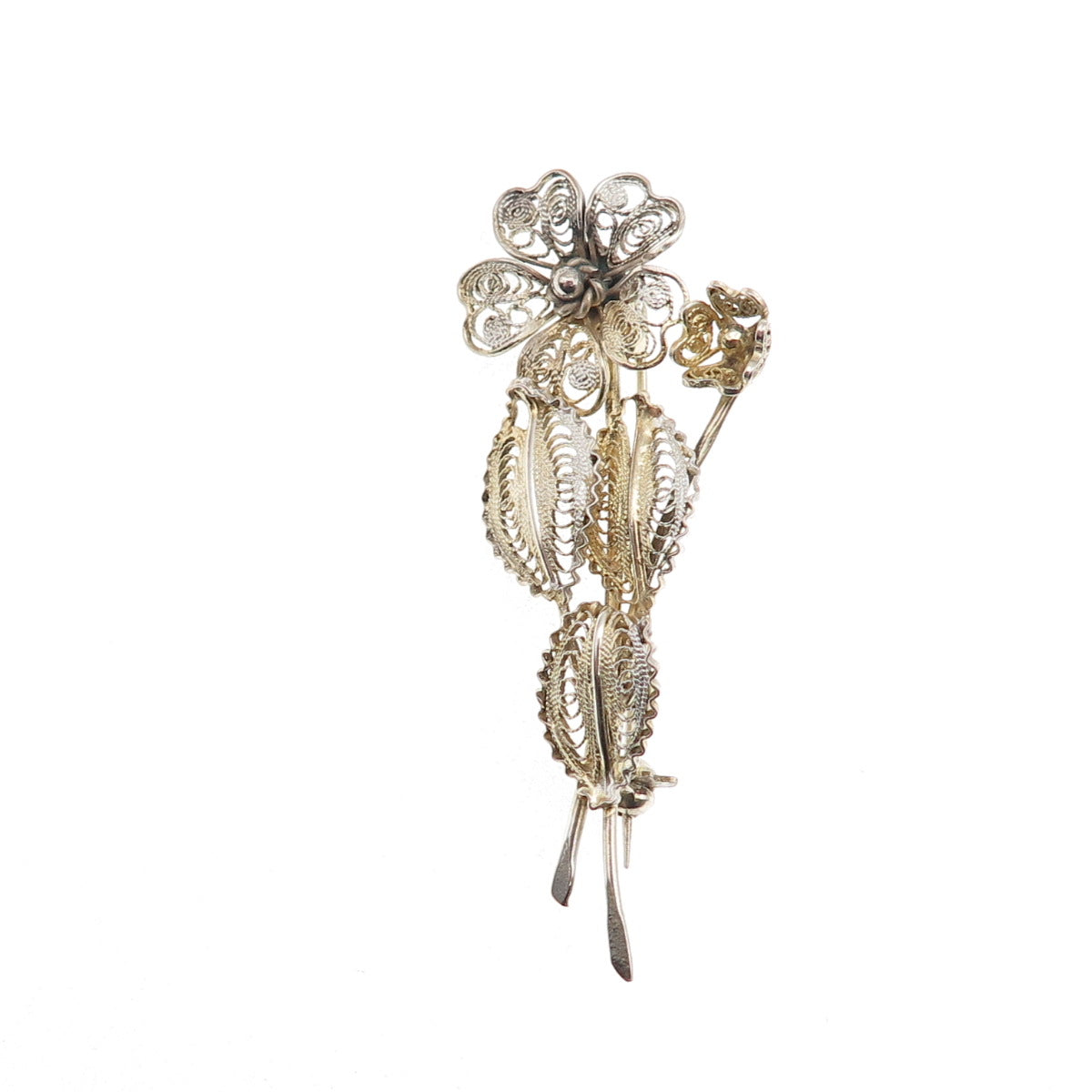800 Silver Gold Plated Vintage Italy Floral Filigree Pin Brooch