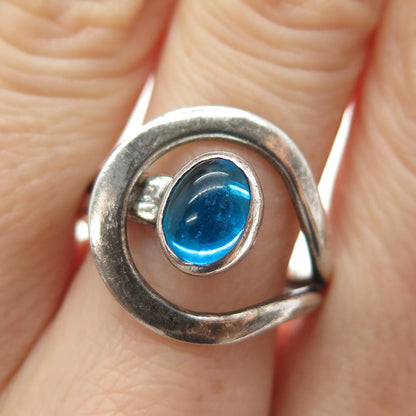 925 Sterling Silver Vintage Mexico Blue C Z Modernist Hook & Eye Ring Size 7.75