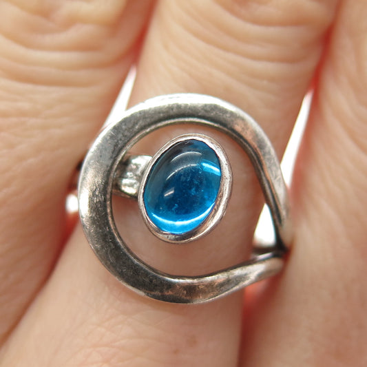 925 Sterling Silver Vintage Mexico Blue C Z Modernist Hook & Eye Ring Size 7.75