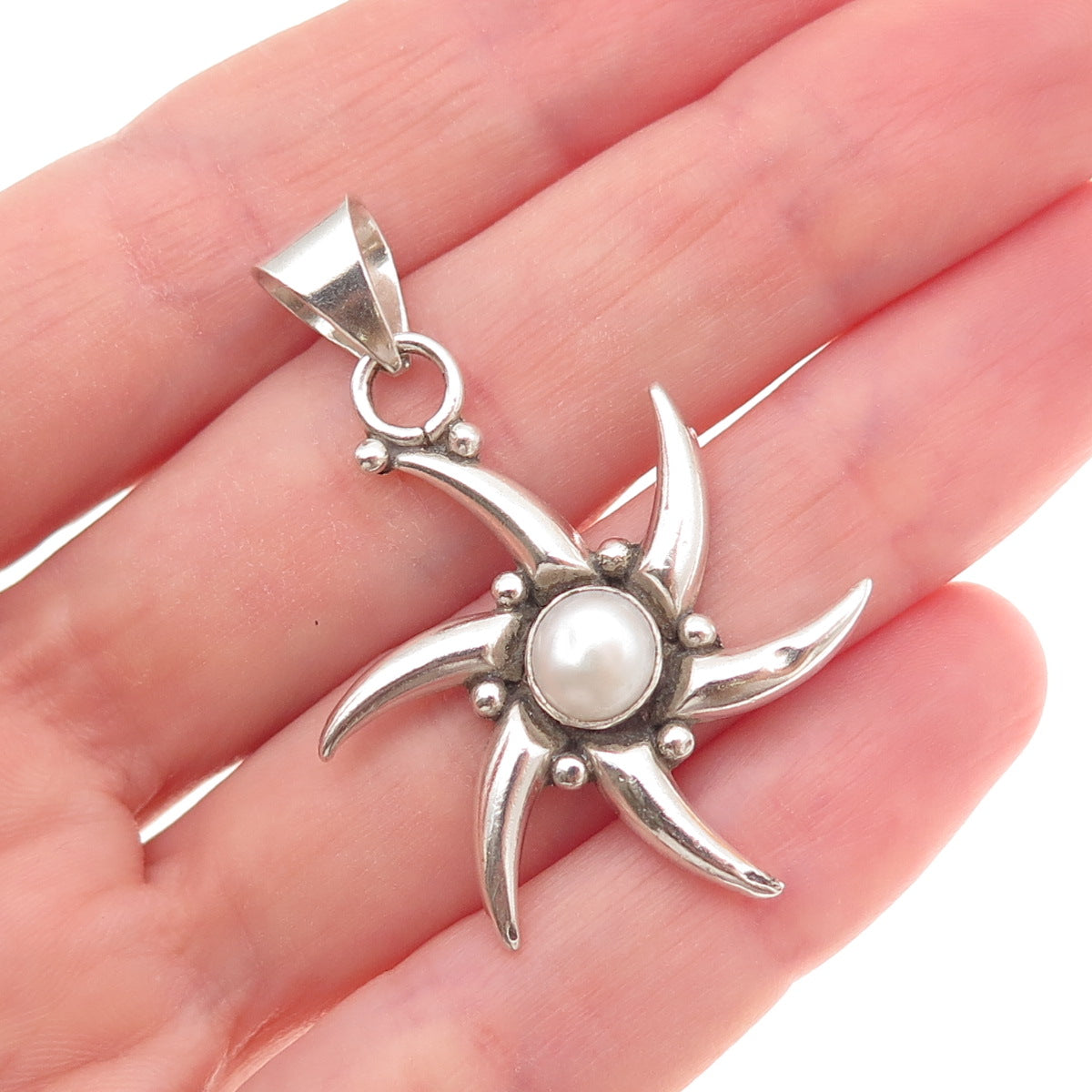 925 Sterling Silver Vintage Real Pearl Sunburst Oxidized Charm Pendant