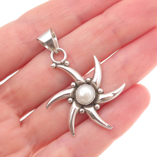 925 Sterling Silver Vintage Real Pearl Sunburst Oxidized Charm Pendant