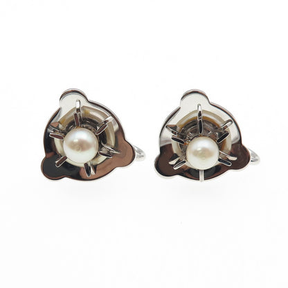 925 Sterling Silver Antique Art Deco Real Pearl Flower Screw Back Earrings
