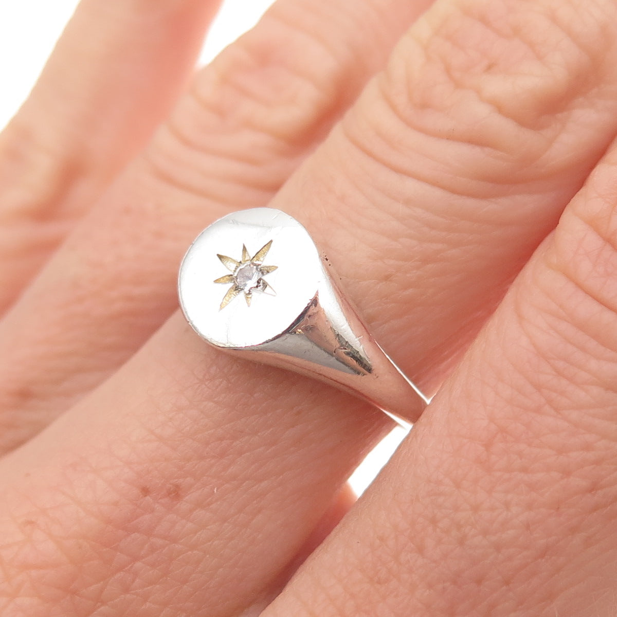925 Sterling Silver Vintage Round-Cut C Z Starburst Signet Ring Size 7