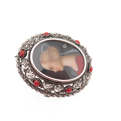 800 Silver Antique Real Coral Hand-Painted Lady Portrait Pin Brooch / Pendant