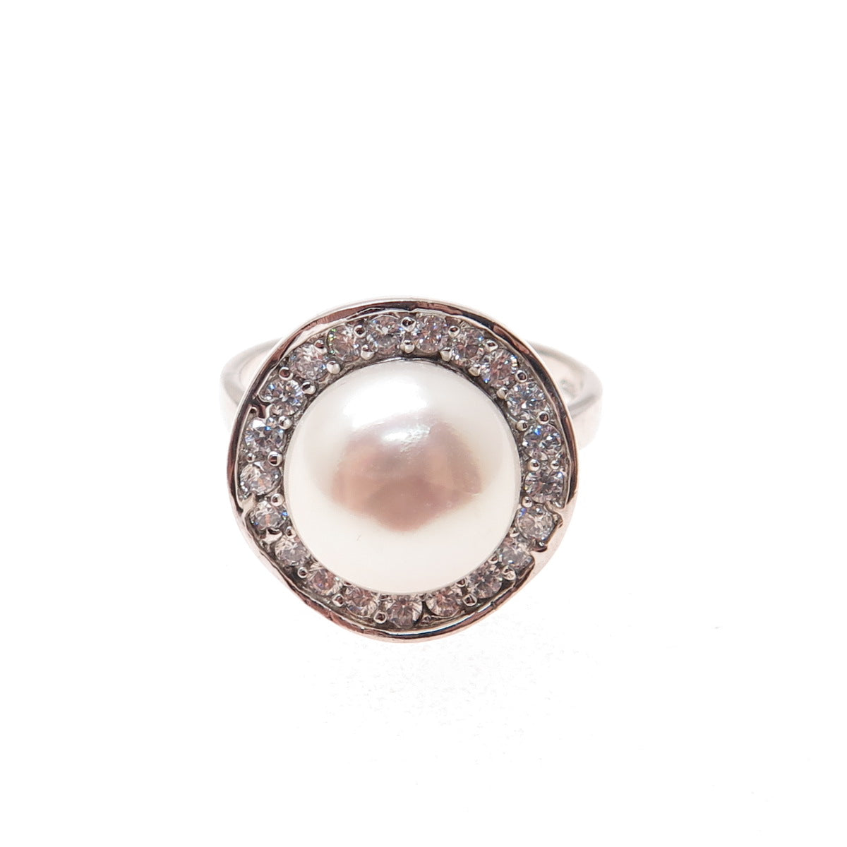 925 Sterling Silver Real Pearl & Round-Cut C Z Modernist Ring Size 7.25