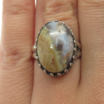 ZEUS 925 Sterling Silver Vintage Real Agate Modenrist Crown Ring Size 7.25