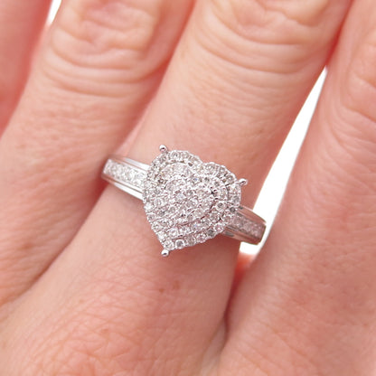 925 Sterling Silver Real Round-Cut Diamond Heart Ring Size 7