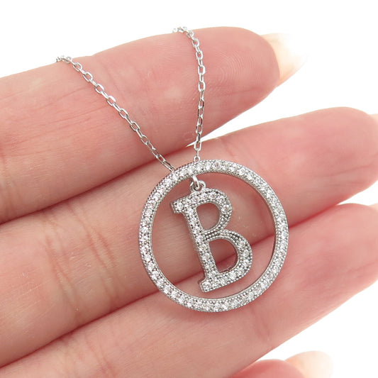 925 Sterling Silver Pave C Z Letter "B" Initial Cable Chain Necklace 18"