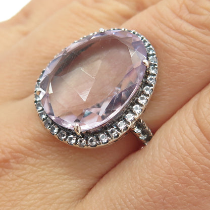 925 Sterling Silver Real White Topaz & Amethyst Gemstone Ring Size 8.25