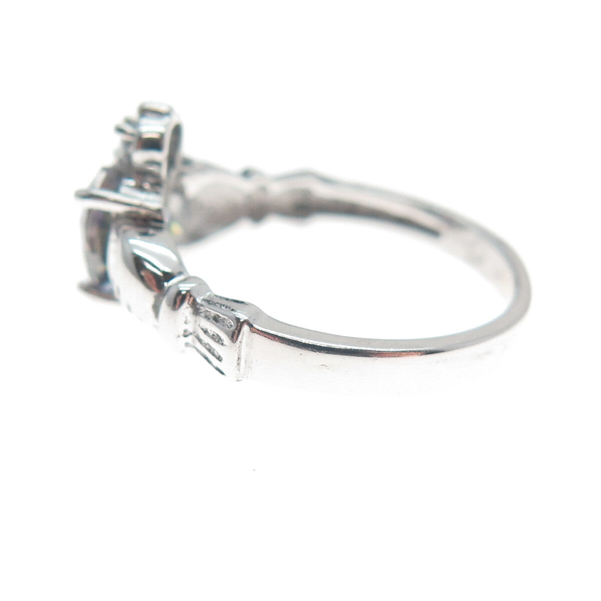 925 Sterling Silver Heart-Cut Mystic Quartz & C Z Irish Claddagh Ring Size 5