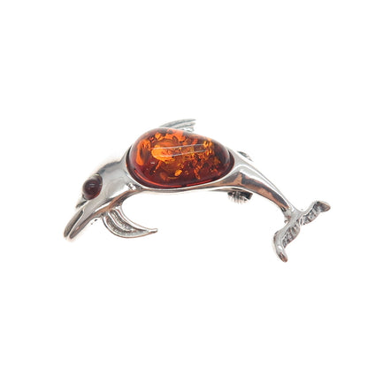 925 Sterling Silver Vintage Real Amber Dolphin Oxidized Pin Brooch