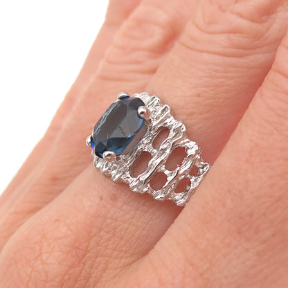 925 Sterling Silver Vintage Oval-Cut Blue Glass Modernist Ring Size 9.75
