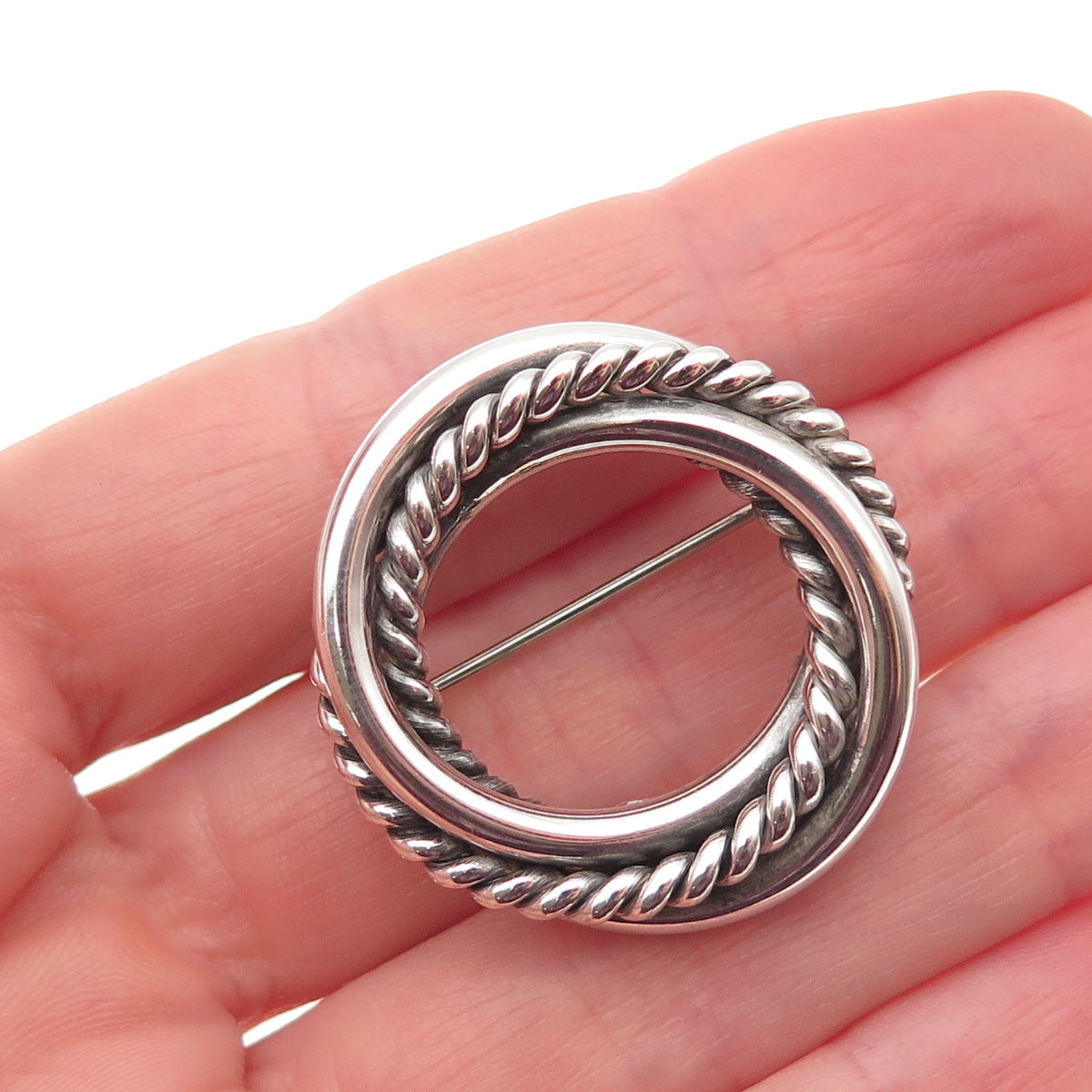 925 Sterling Silver Vintage Mexico Interlocked Circle Oxidized Pin Brooch