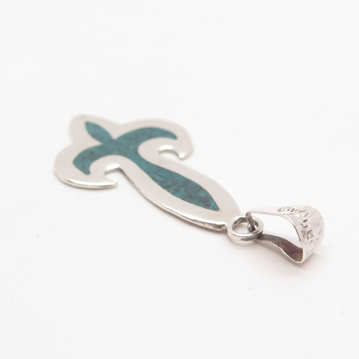 925 Sterling Silver Vintage Mexico Real Turquoise Gem Inlay Fleur-de-Lis Pendant