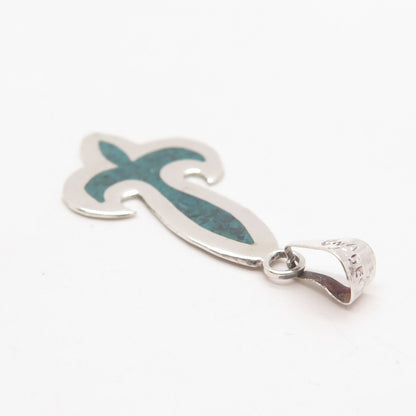 925 Sterling Silver Vintage Mexico Real Turquoise Gem Inlay Fleur-de-Lis Pendant
