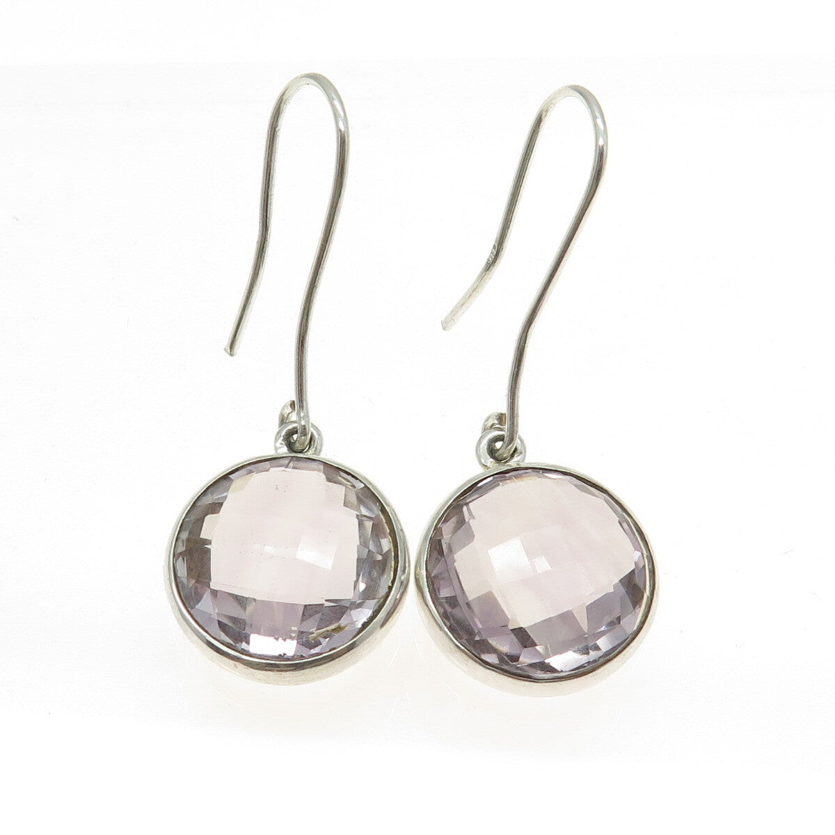 925 Sterling Silver Vintage Real Round-Cut Amethyst Dangling Earrings