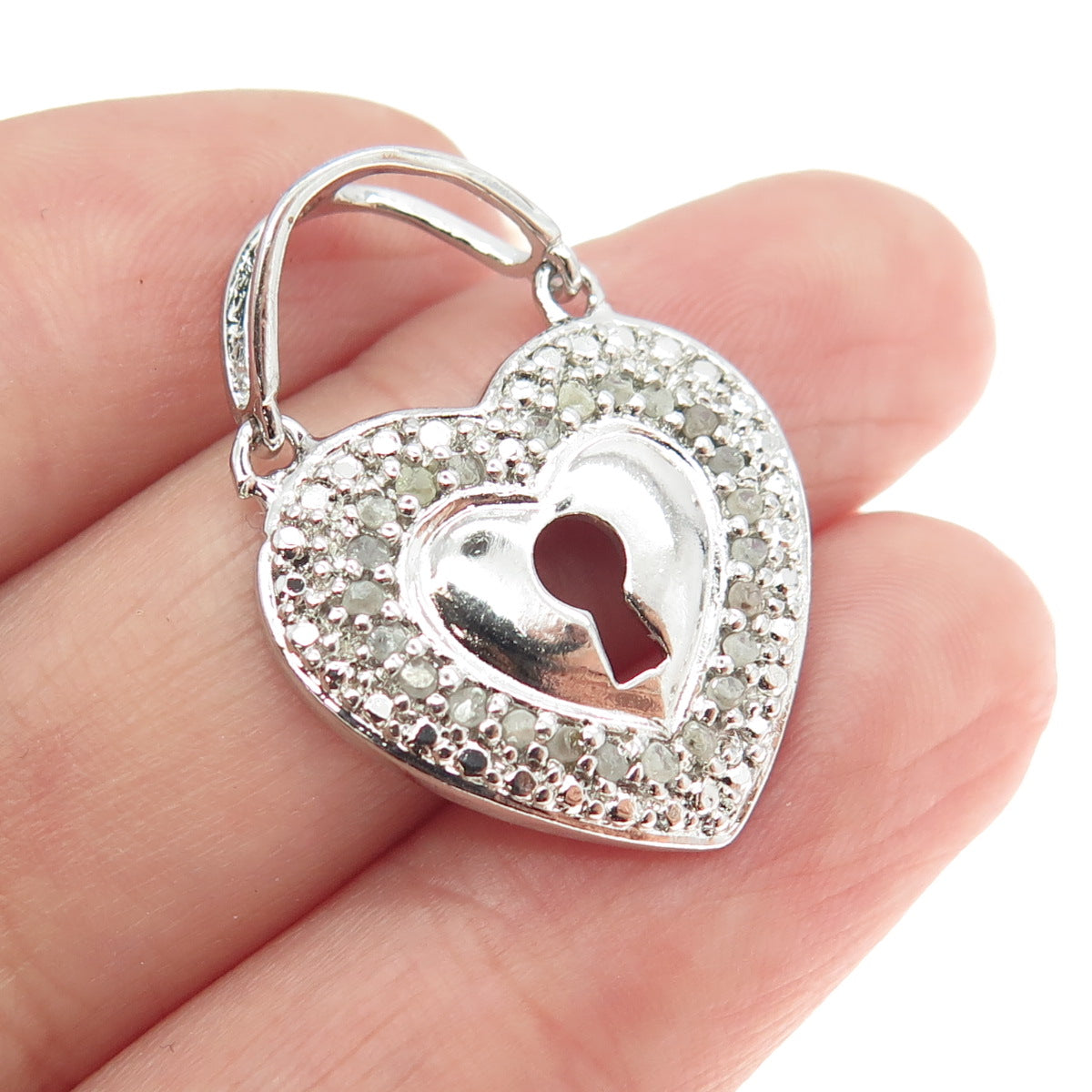 925 Sterling Silver Real Round-Cut White Diamond Heart Lock Pendant