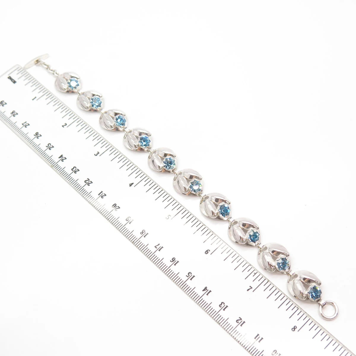 925 Sterling Silver Vintage Blue Rhinestone Modernist Link Bracelet 7.5"