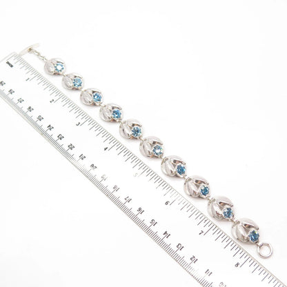 925 Sterling Silver Vintage Blue Rhinestone Modernist Link Bracelet 7.5"