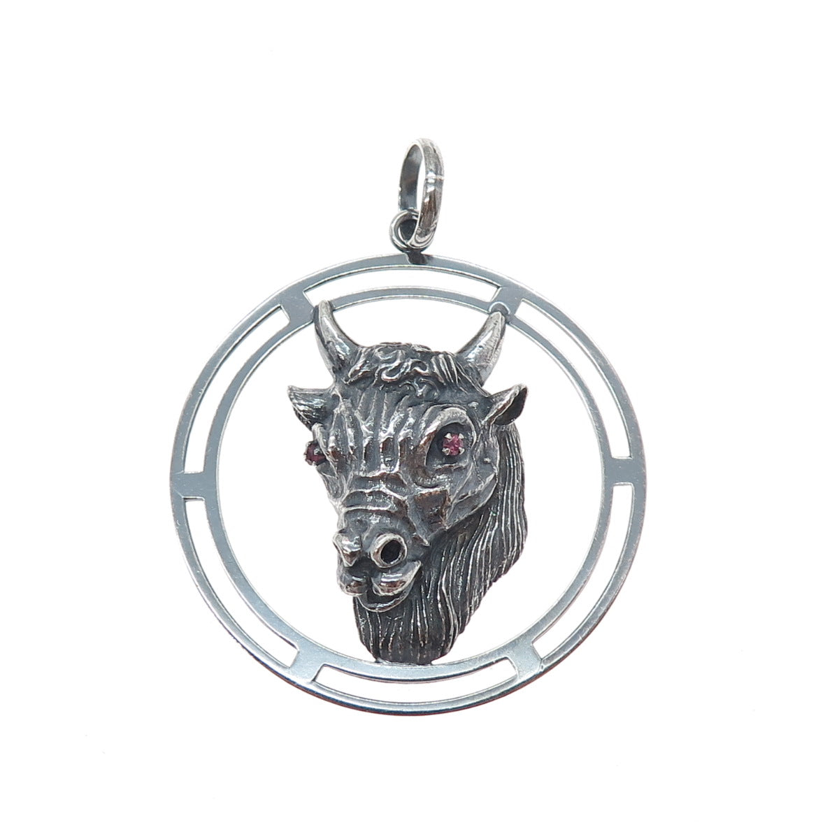 925 Sterling Silver Vintage Italy Real Ruby Taurus Zodiac Sign Oxidized Pendant