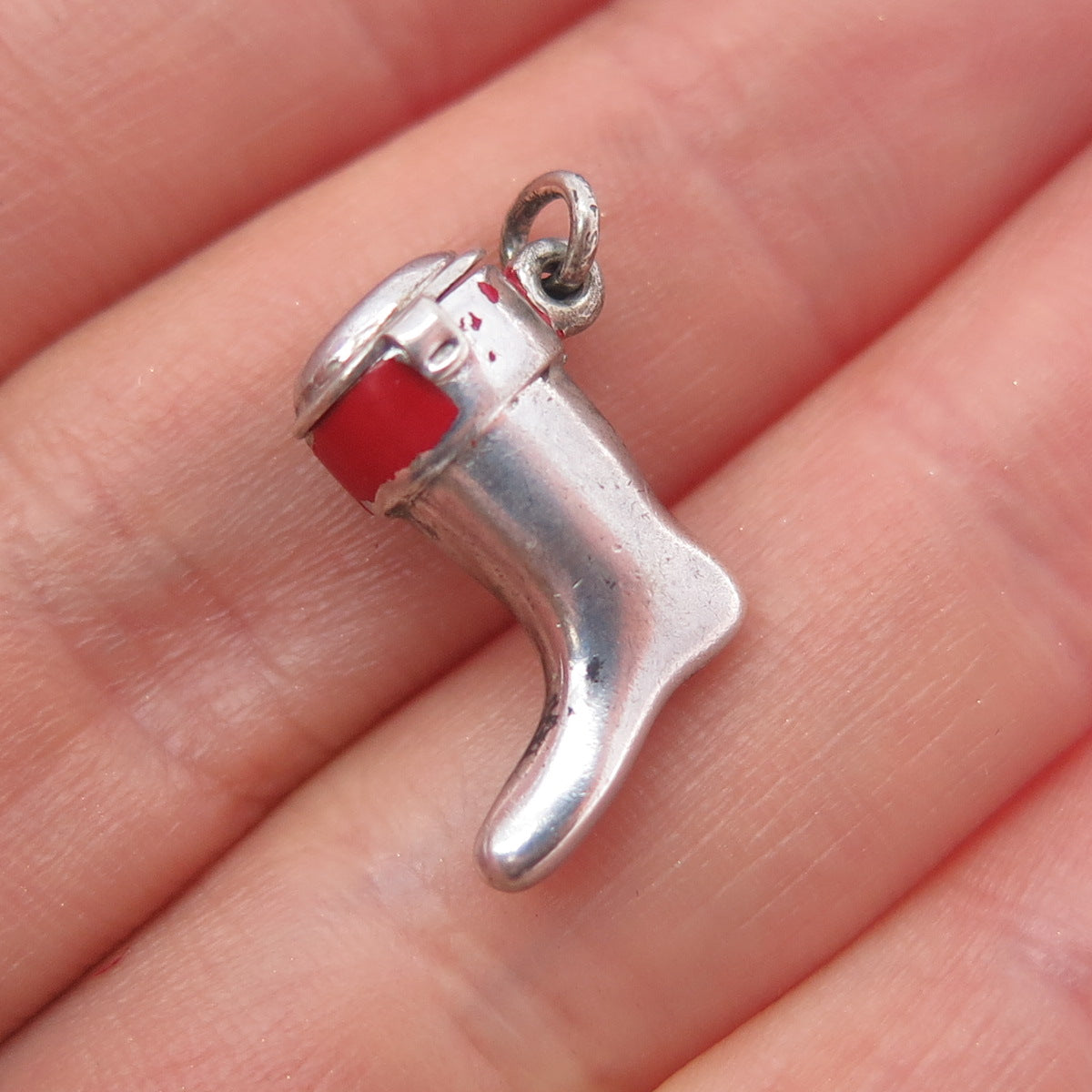 J.M. Fisher 925 Sterling Silver Antique Art Deco Enamel Santa Stocking Pendant