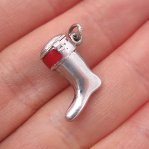J.M. Fisher 925 Sterling Silver Antique Art Deco Enamel Santa Stocking Pendant