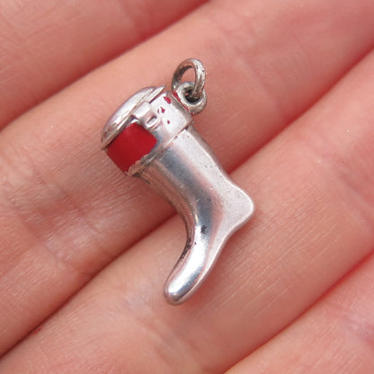 J.M. Fisher 925 Sterling Silver Antique Art Deco Enamel Santa Stocking Pendant
