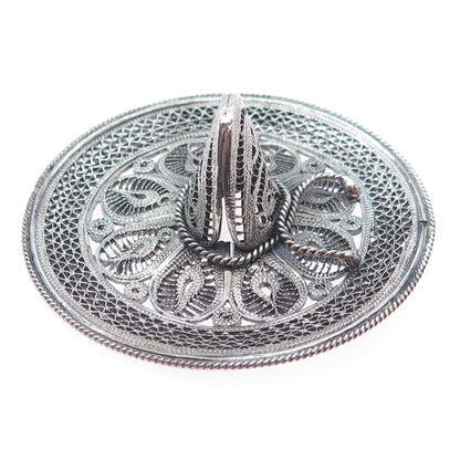 900 Silver Vintage Mexico Sombrero Hat Filigree Oxidized Pin Brooch