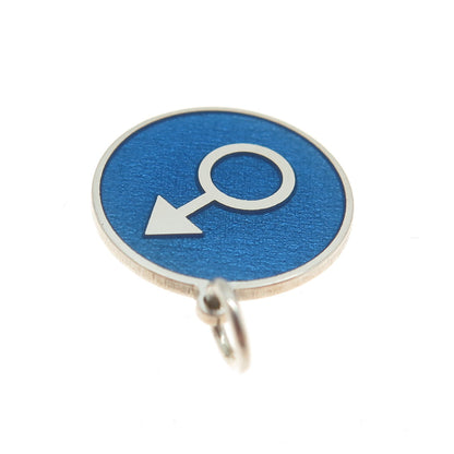 925 Sterling Silver Blue Enamel Male Symbol Round Tag Minimalist Charm Pendant