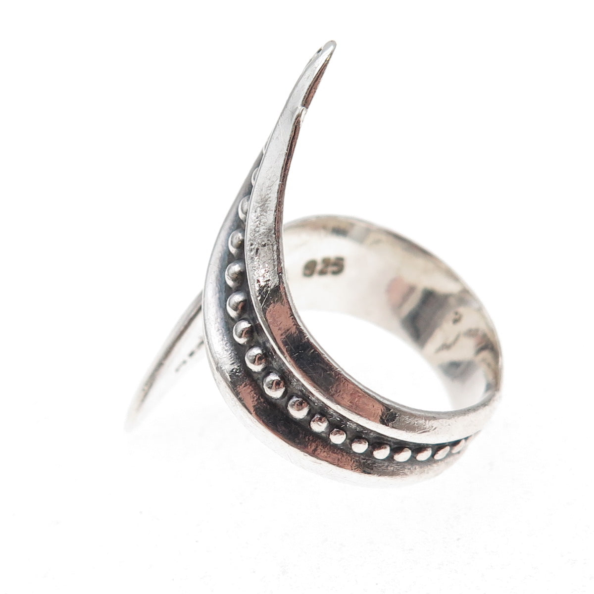 925 Sterling Silver Vintage Mexico Beaded Oxidized Bypass Ring Size 9.5