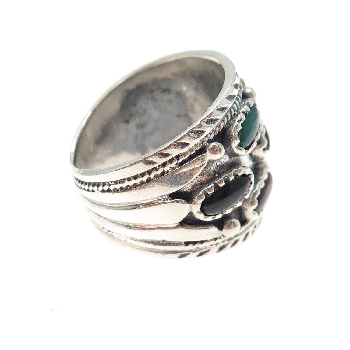 925 Sterling Silver Vintage Real Black & Green Onyx Carnelian Ring Size 9.25