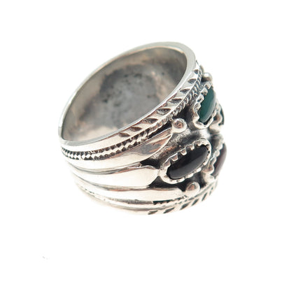 925 Sterling Silver Vintage Real Black & Green Onyx Carnelian Ring Size 9.25