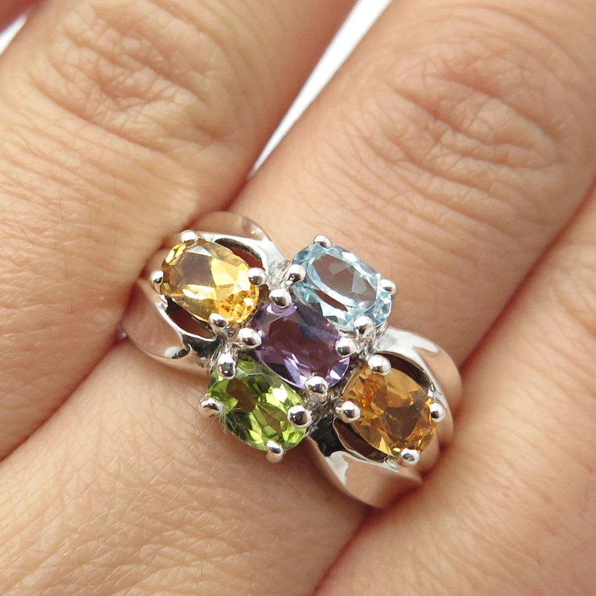 925 Sterling Silver Vintage Amethyst Citrine Peridot Topaz Gem Ring Size 8.25