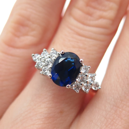 925 Sterling Silver Oval-Cut Blue & Round-Cut White C Z Ring Size 5