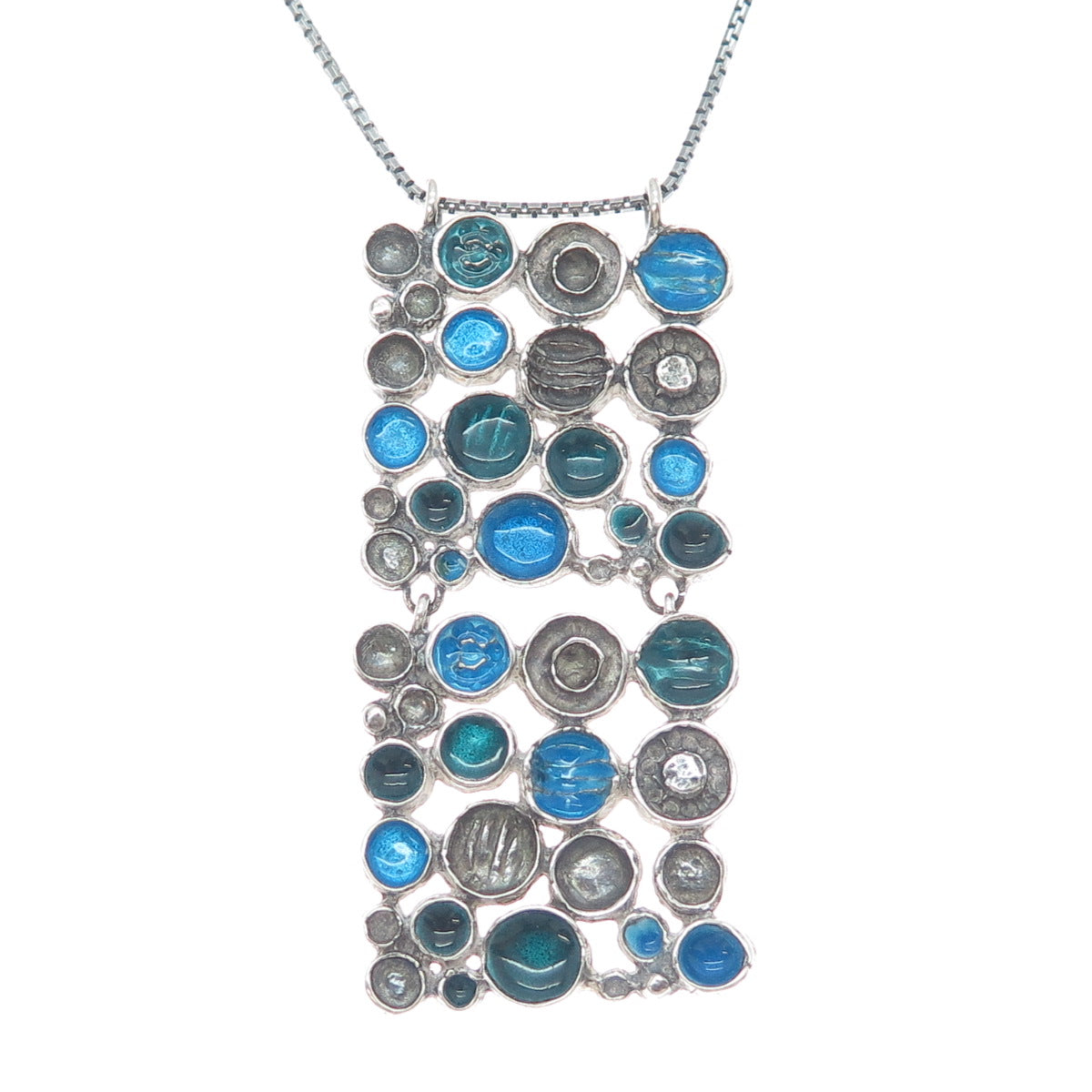 925 Sterling Silver Vintage Enamel Modernist Round Box Chain Necklace 22"