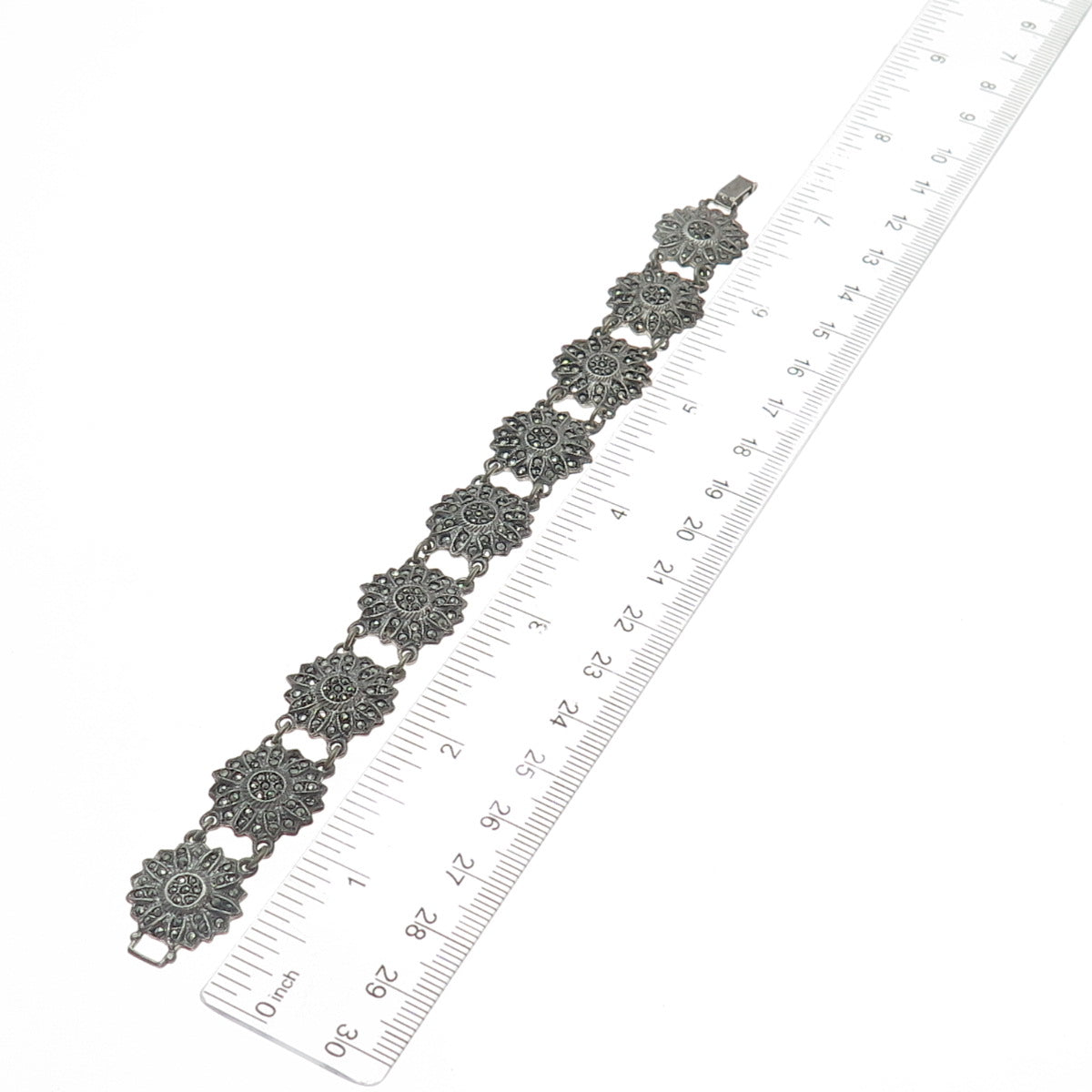 925 Sterling Silver Antique Marcasite Flower Link Bracelet 7" (missing 4 stones)